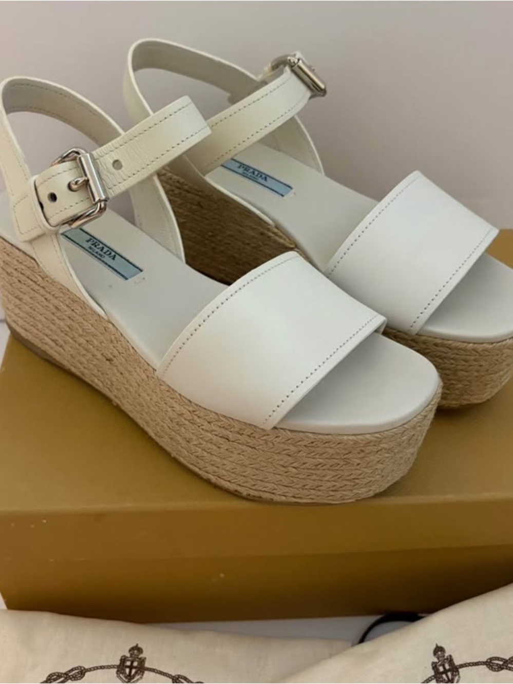 New Authentic White Leather Espadrille Platform Sandals
